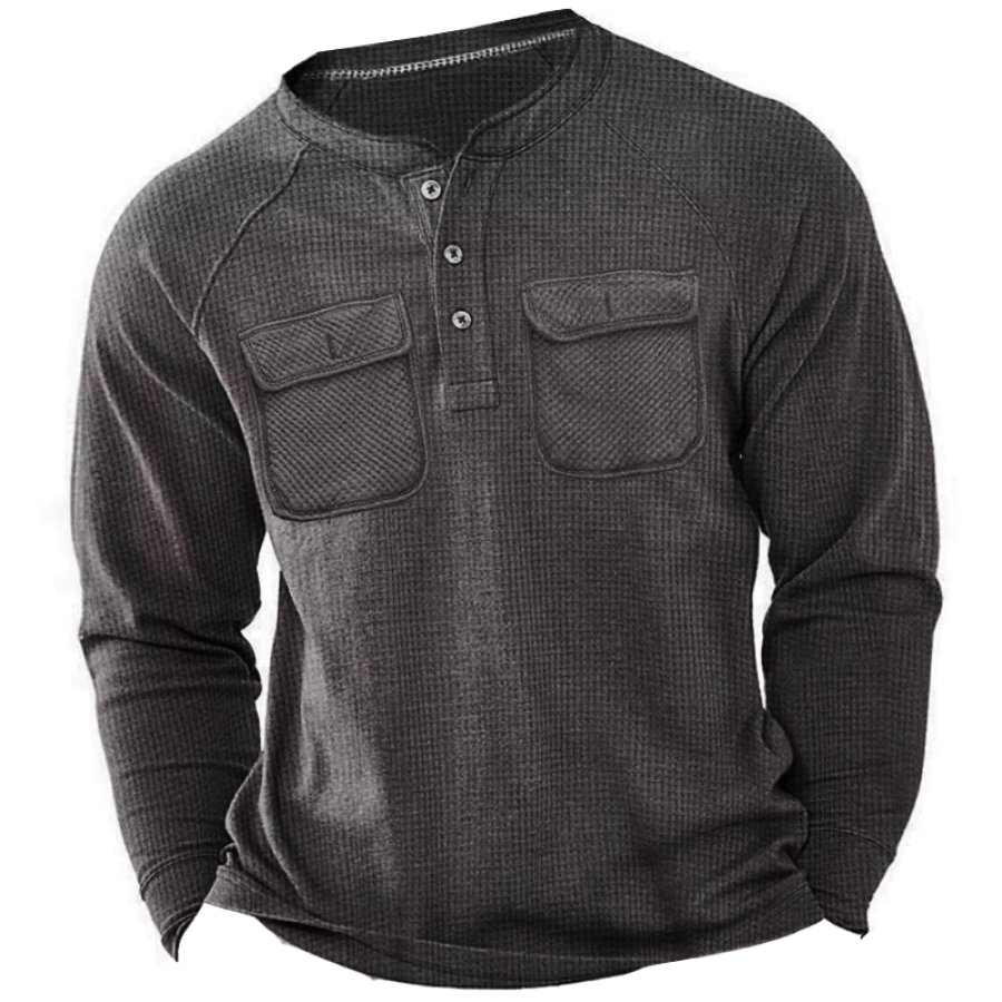 

Men's Waffle Vintage Pocket Henley Collar T-Shirt