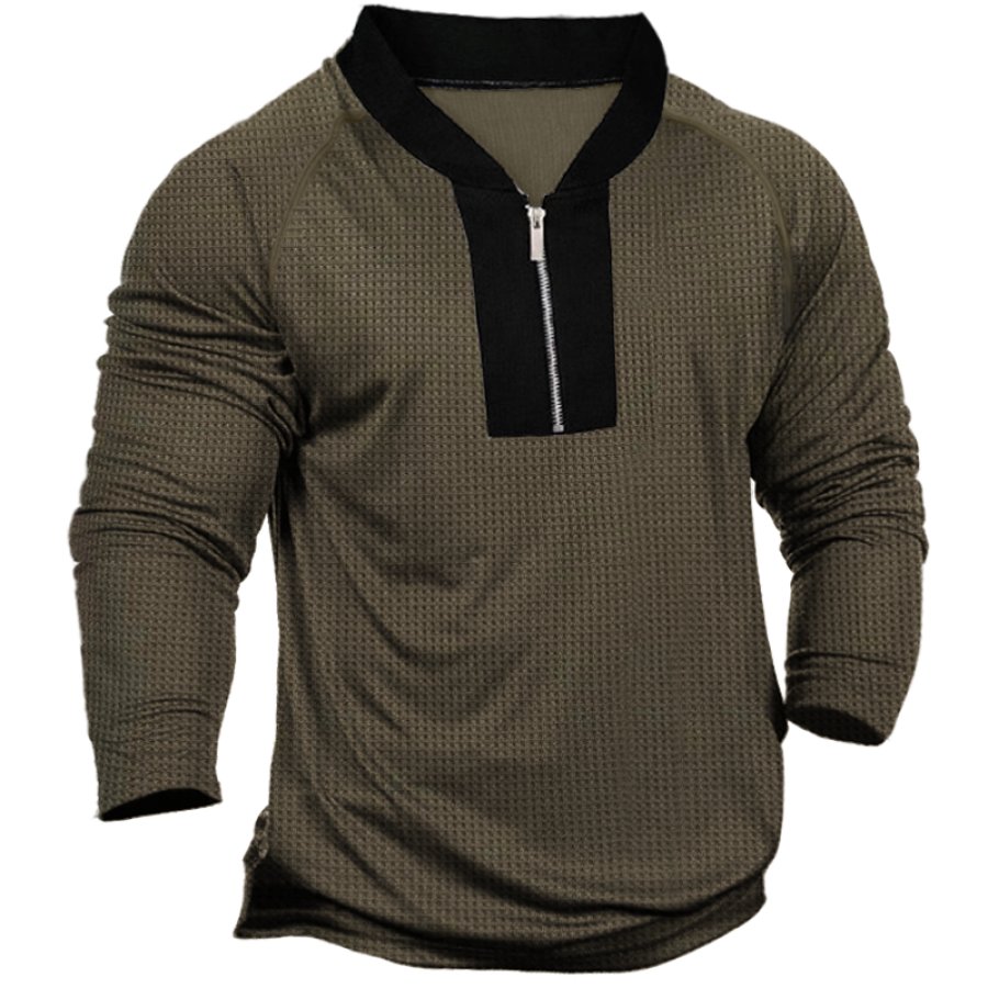

Men's Waffle Colorblock Quarter Zip Neck Long Sleeve T-Shirt