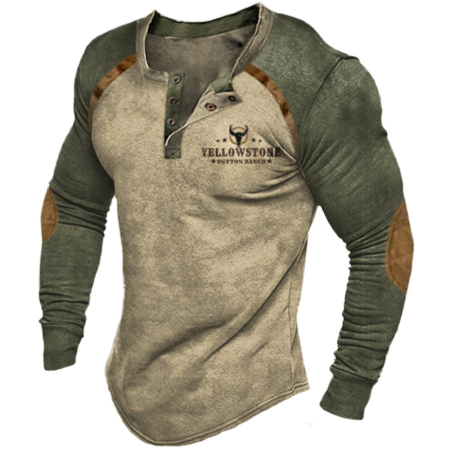 

Men's Vintage Western Yellowstone Henley Stand Collar T-Shirt