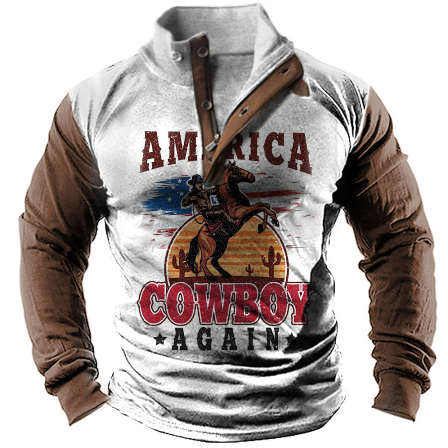 

Men's American Western Cowboy Print Stand Collar Long Sleeve T-Shirt