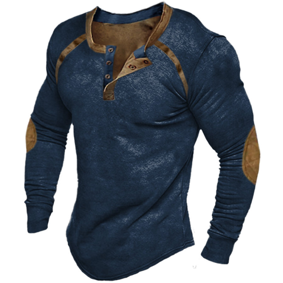 

Men's Vintage Contrast Henley Stand Collar T-Shirt