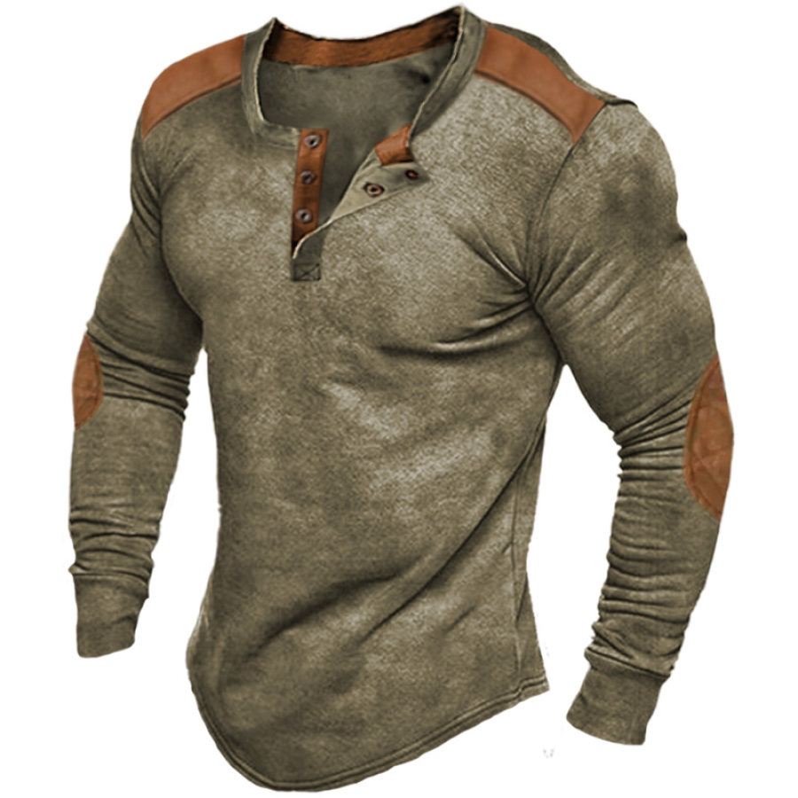 

Men's Vintage Contrast Henley Stand Collar T-Shirt