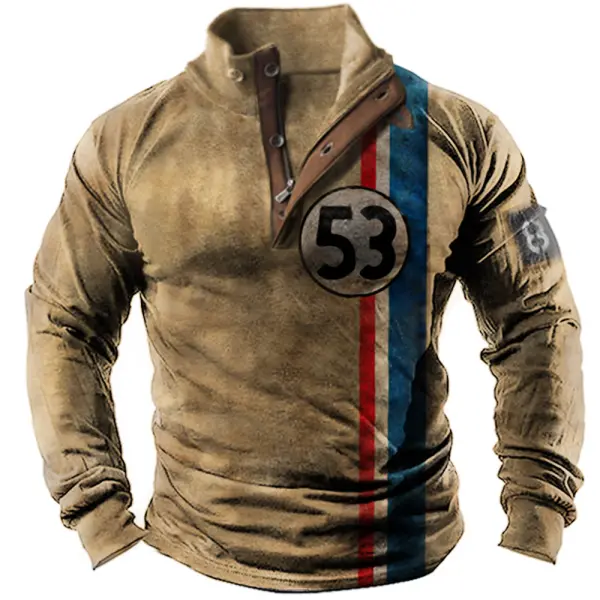 Men's Vintage Racing Stripe Print Stand Collar Long Sleeve T-Shirt - Sanhive.com 