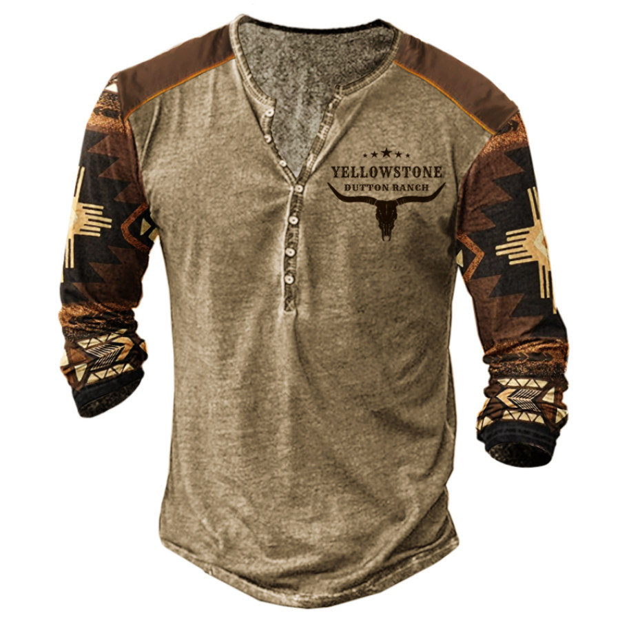 

Men's Vintage Western Yellowstone Henry Collar Long Sleeve T-shirt