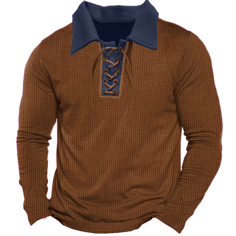 Men's Vintage Color Block Chic Waffle Tie Up Long Sleeve T-shirt