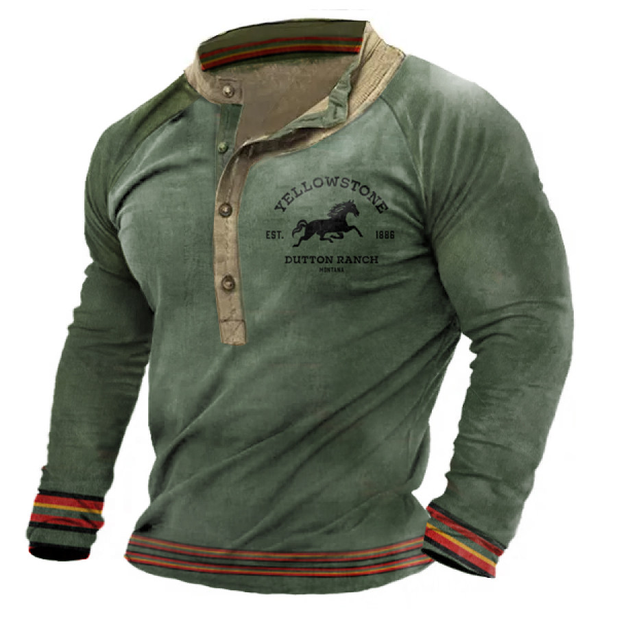 

Men's Outdoor Yellowstone Print Henley Stand Collar Cotton T-Shirt