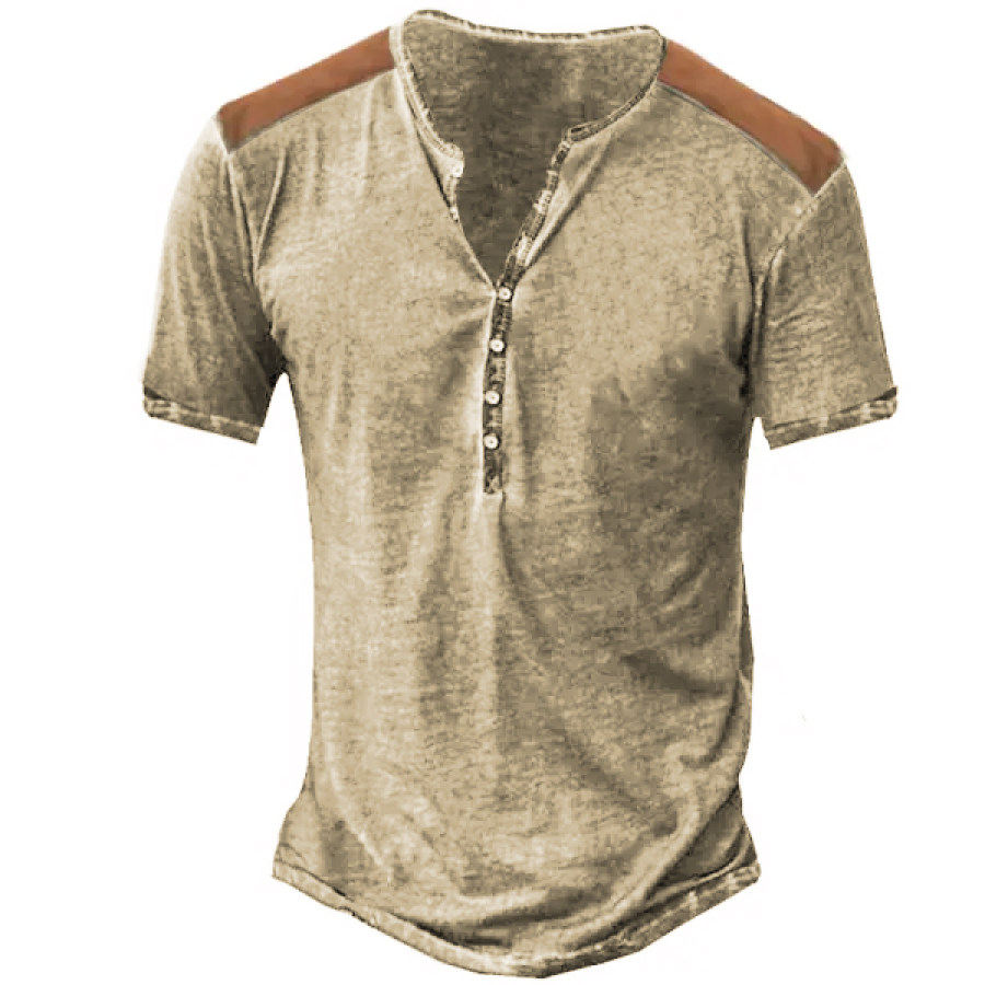 

Men's Retro Stitching Color Contrast Henley Short Sleeve T-Shirt