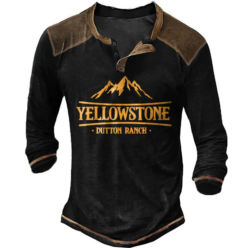 Men's Vintage Yellowstone Colorblock Chic Henley Long Sleeve T-shirt