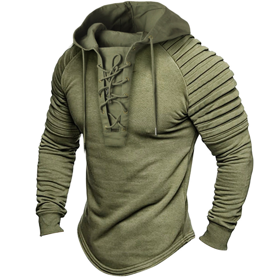 

Men's Outdoor Retro Casual Hoodie Lace Up Solid Pleated Long Sleeve T-Shirt