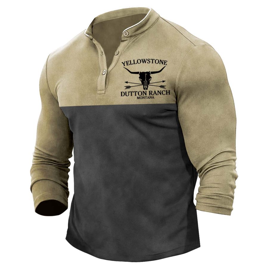 

Men's Vintage Yellowstone Skull Bull Colorblock Henley T-Shirt