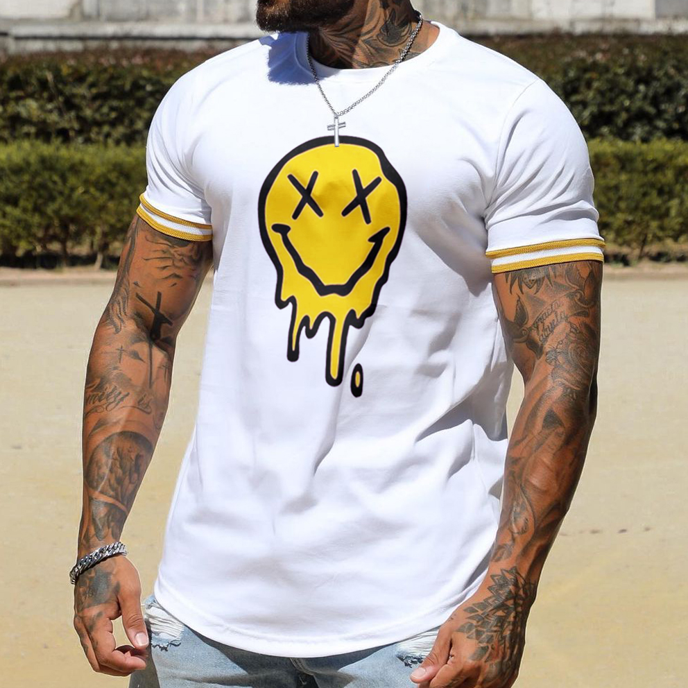 Men's Fashion Smiley Print Color Matching Casual Slim Fit Short Sleeve T Shirt