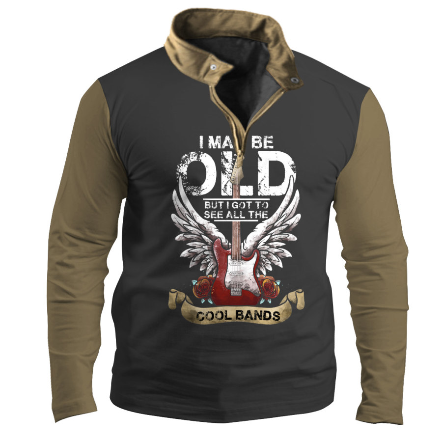 

Men's May Be Old See All The Cool Bands Guitar Colorblock Zip Stand Collar T-Shirt