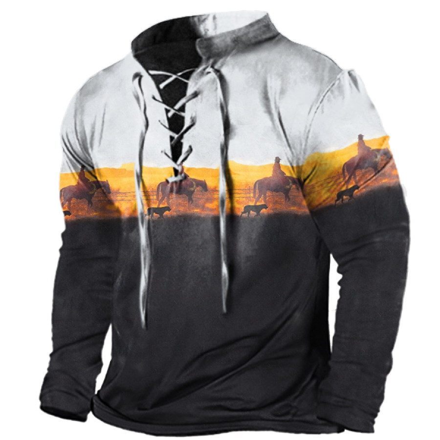 

Men's Vintage Western Print Cowboy Stand Collar Long Sleeve T-Shirt