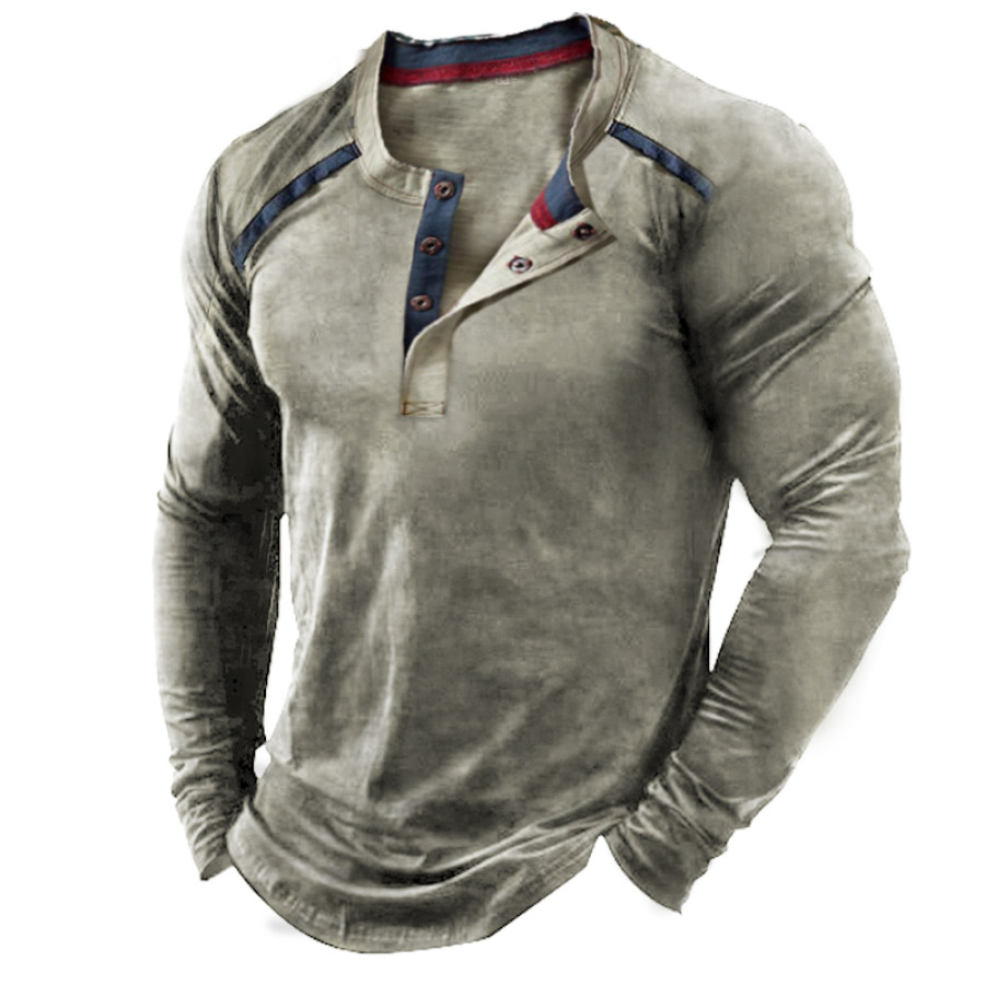 

Men's Vintage Colorblock Henley Stand Long Sleeve Tactical T-Shirt