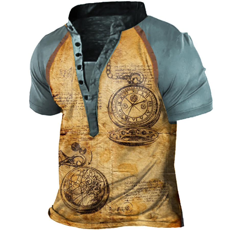 

Men's Vintage Print Tactical Henley Short Sleeve T-Shirt