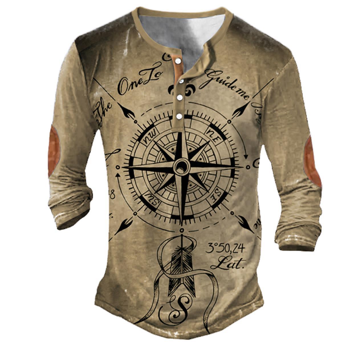 Men's Vintage Nautical Compass Chic Henley T-shirt