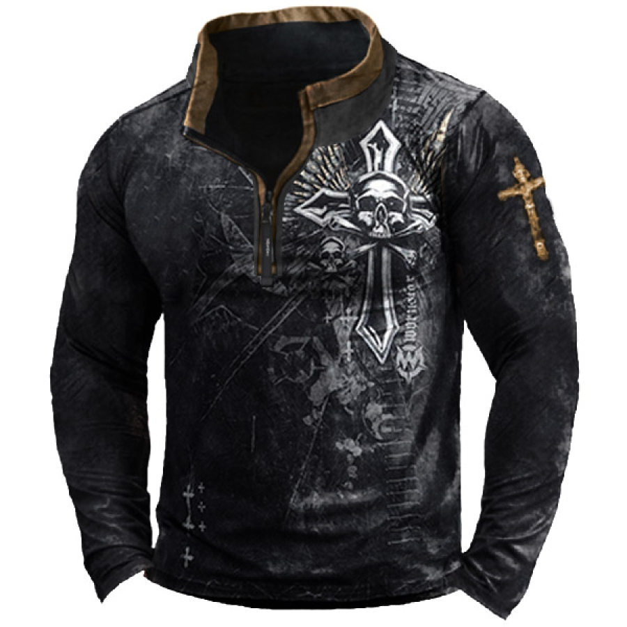

Men's Skull Cross Zip Stand Collar T-Shirt