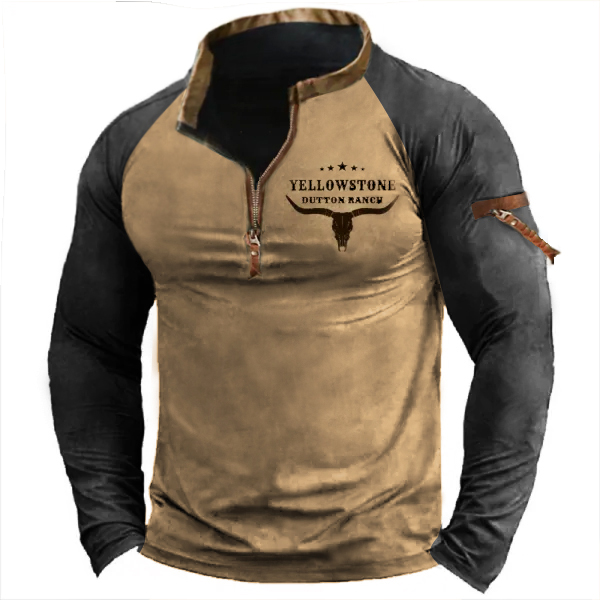 Men's Vintage Yellowstone Patchwork Chic Zip Pocket Tactical T-shirt
