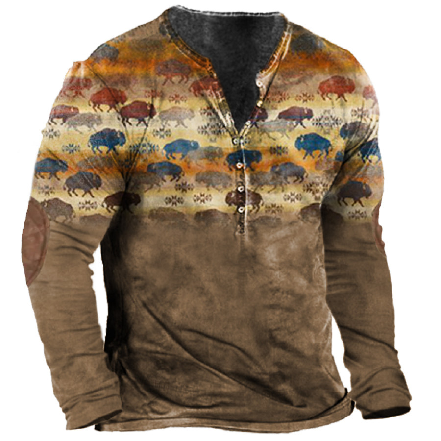 

Men's Vintage Western Print Colorblock Henley Collar Long Sleeve T-Shirt