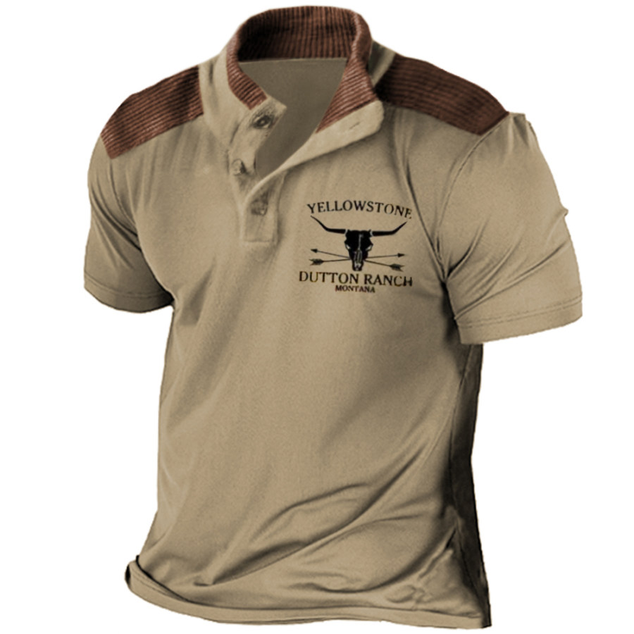 

Men's Vintage Yellowstone Skull Print Stand Collar T-Shirt