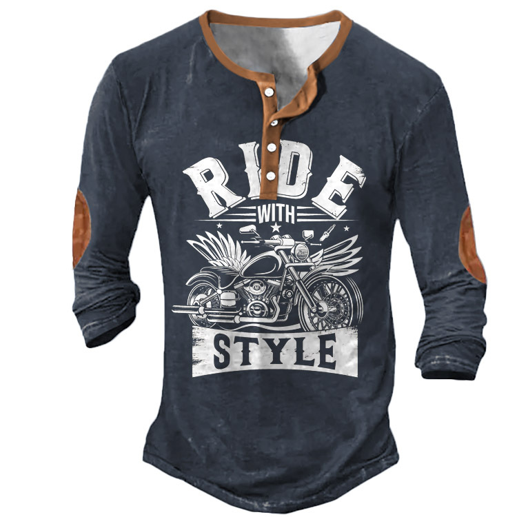 Men's Vintage Ride With Chic Style Motorcycle Henley T-shirt