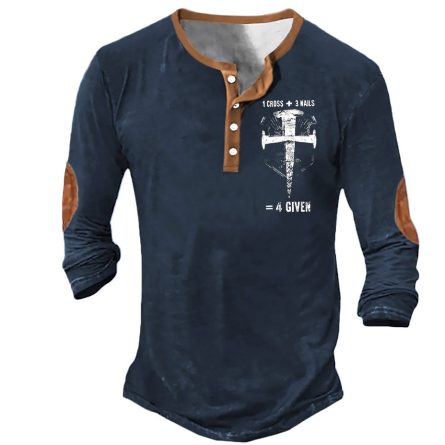 

Men's Vintage 1 Cross 3 Nails 4 Given Cross Jesus Henley T-Shirt