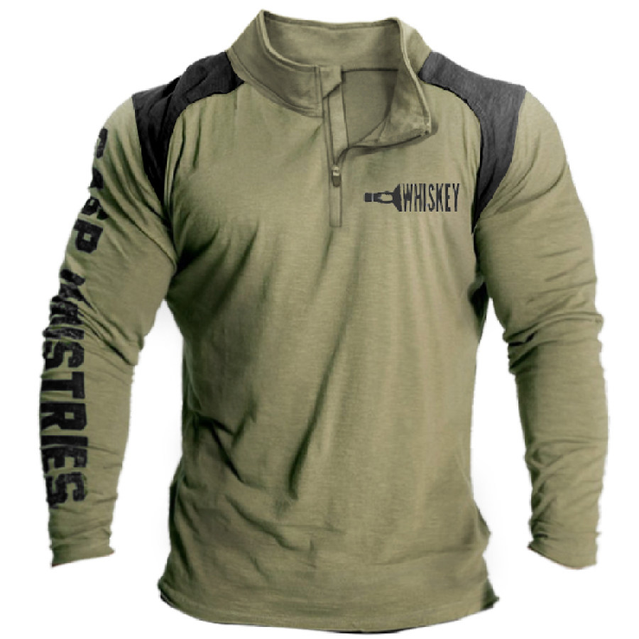 

Men's Outdoor Whiskey Print Zipper Stand Collar Tactical T-Shirt