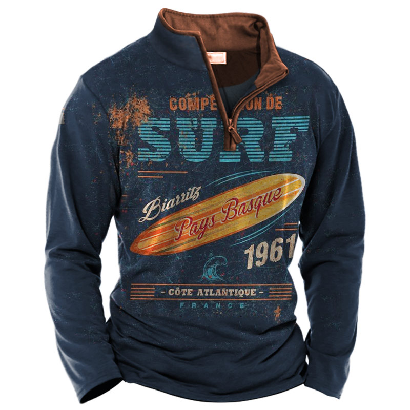 Men's Vintage Surf Print Chic Quarter Zip T-shirt