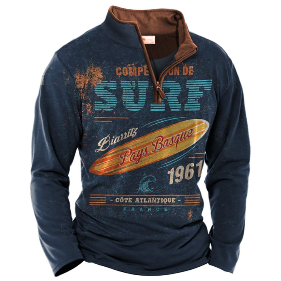 

Men's Vintage Surf Print Quarter Zip T-Shirt