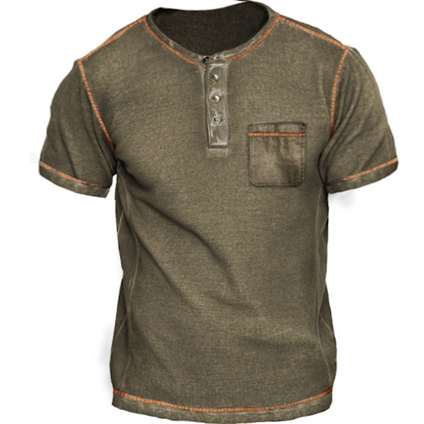 Men's Retro Pocket Colorblock Chic Henley Tactical T-shirt