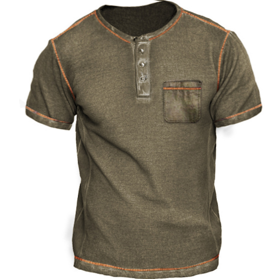

Men's Retro Pocket Colorblock Henley Tactical T-Shirt
