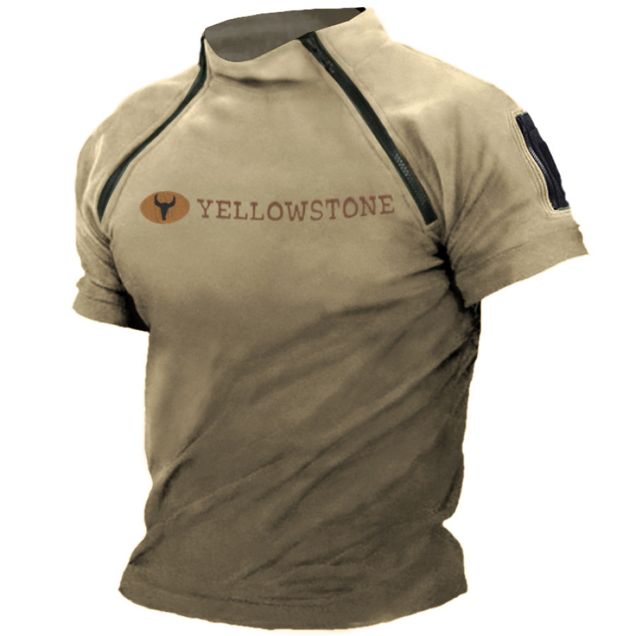 

Men's Vintage Western Yellowstone Stand Collar Zip Tactical T-Shirt