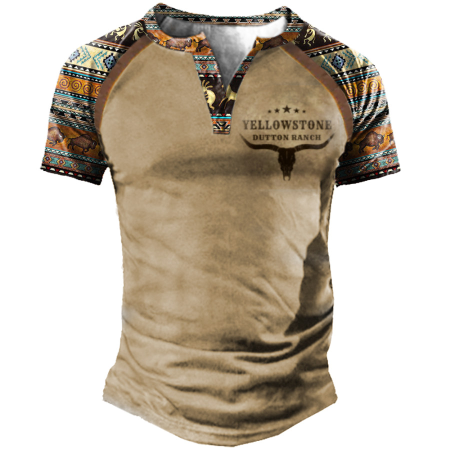 

Men's Vintage Western Yellowstone Henley Stand Collar T-Shirt