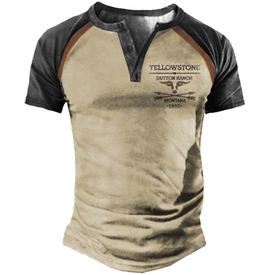 

Men's Vintage Western Yellowstone Henley Stand Collar T-Shirt