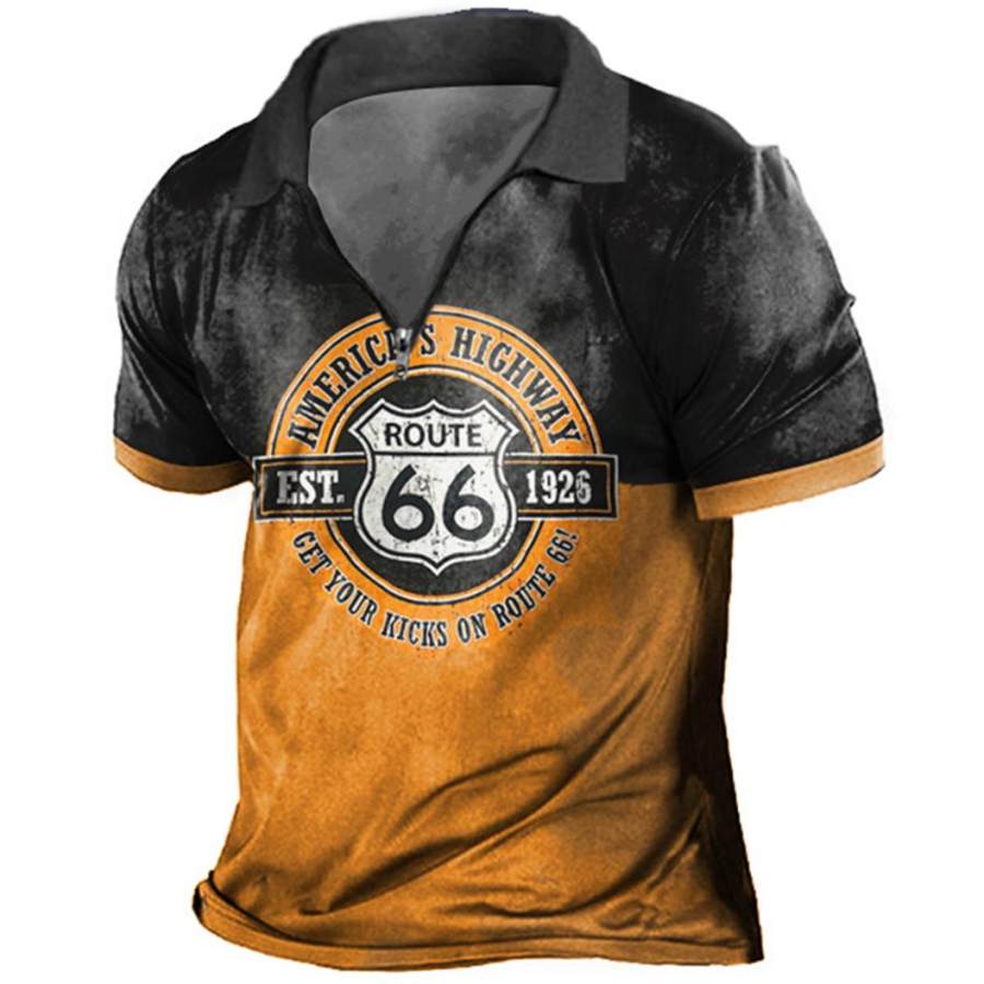 

Men's Vintage Get Your Kicks On Route 66 Zip Polo T-Shirt