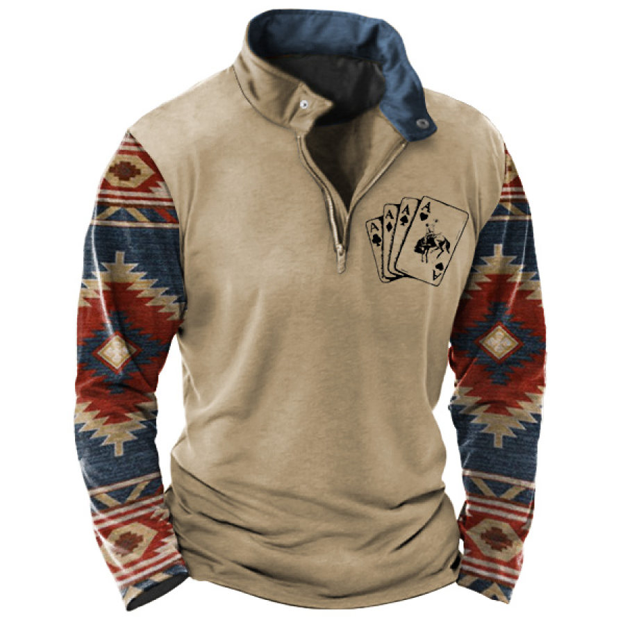 

Men's Ethnic Western Cowboy Playing Cards Zip Stand Collar T-Shirt