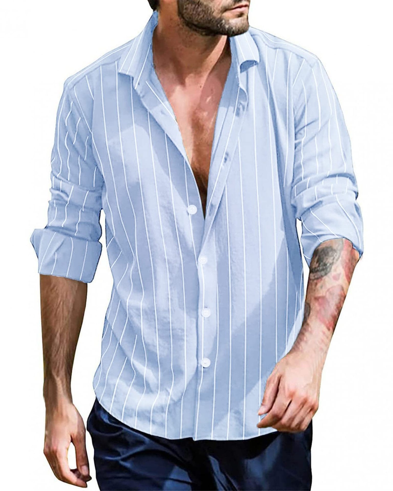 Men's Solid Color Casual Chic Long Sleeve Striped Shirt
