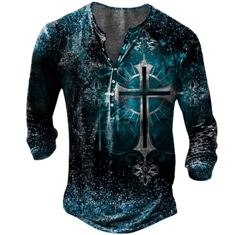 

Men's Vintage Jesus Cross Print Henley Collar Long Sleeve T-Shirt