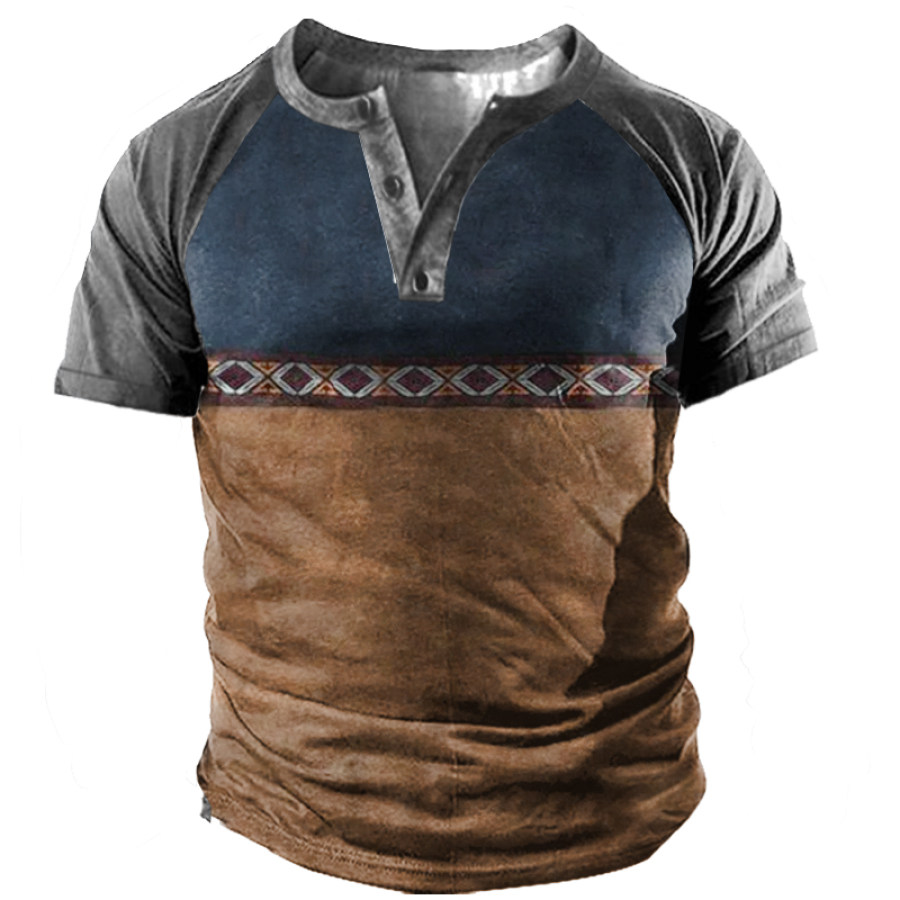 

Men's Men's Aztec Vintage Print Henley Collar T-shirt