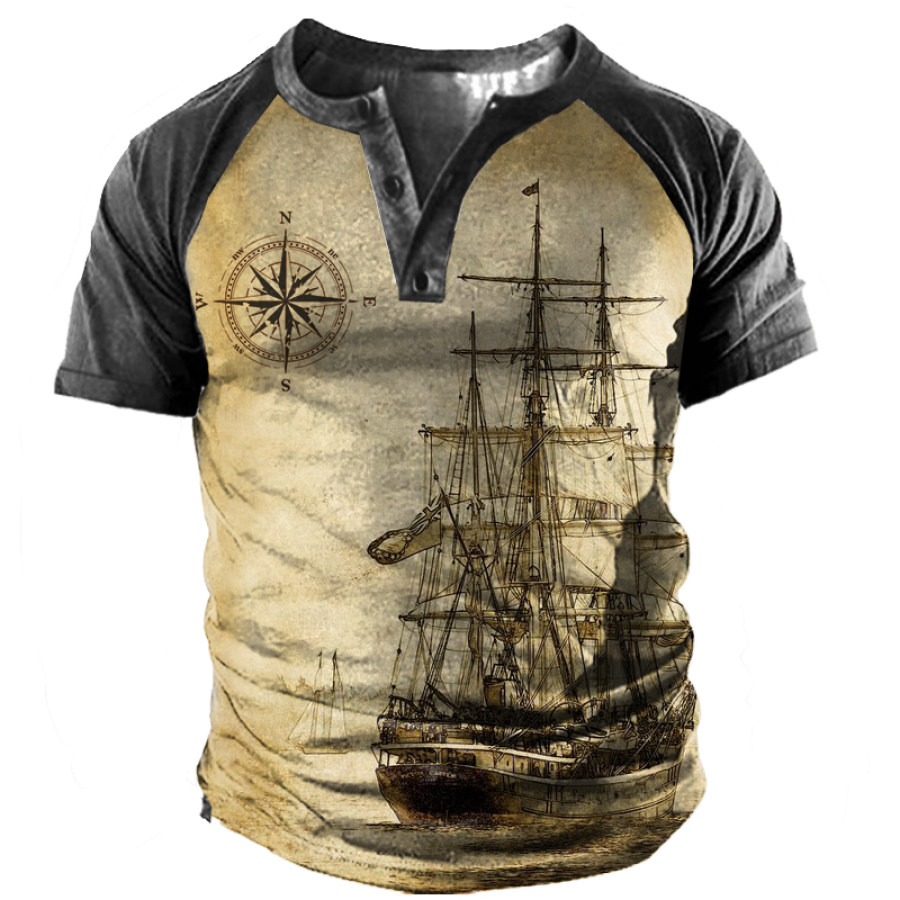 

Men's Vintage Compass Nautical Sail Print Henley Collar T-Shirt