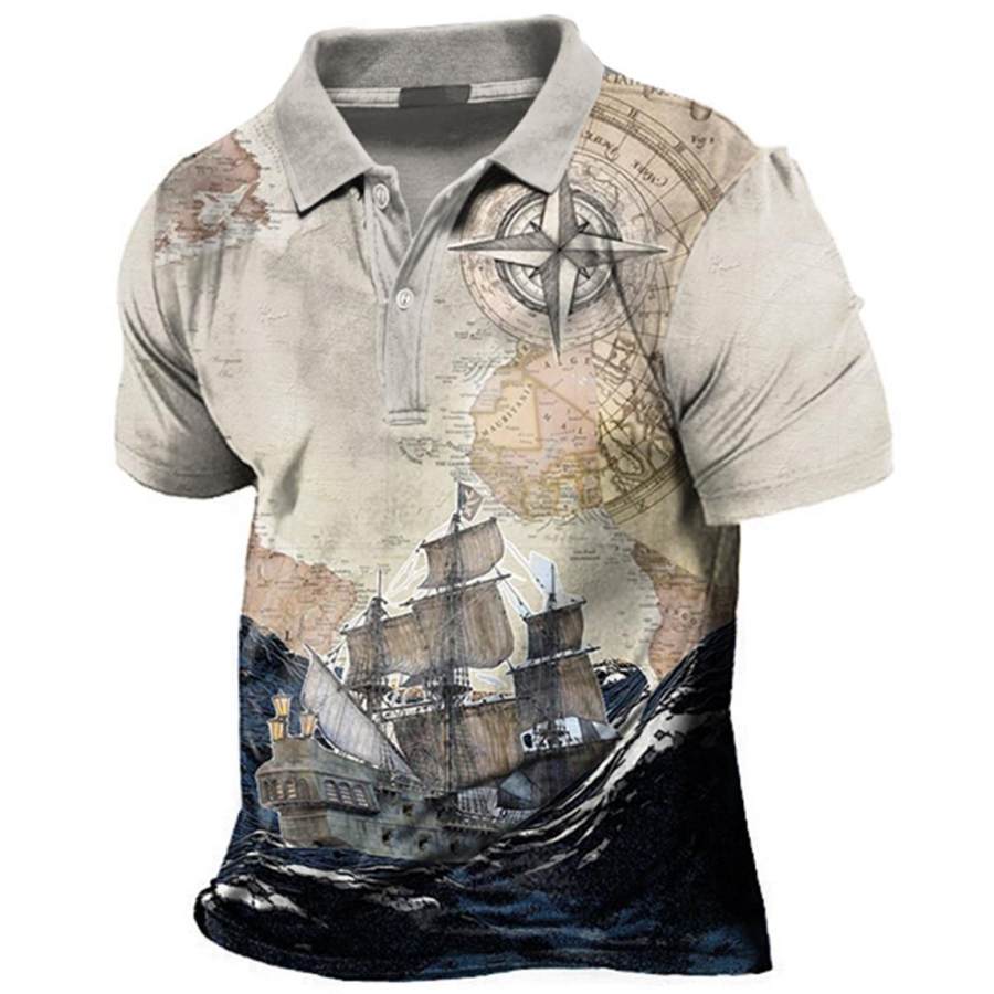 

Men's Vintage Nautical Map Compass Polo Collar T-Shirt