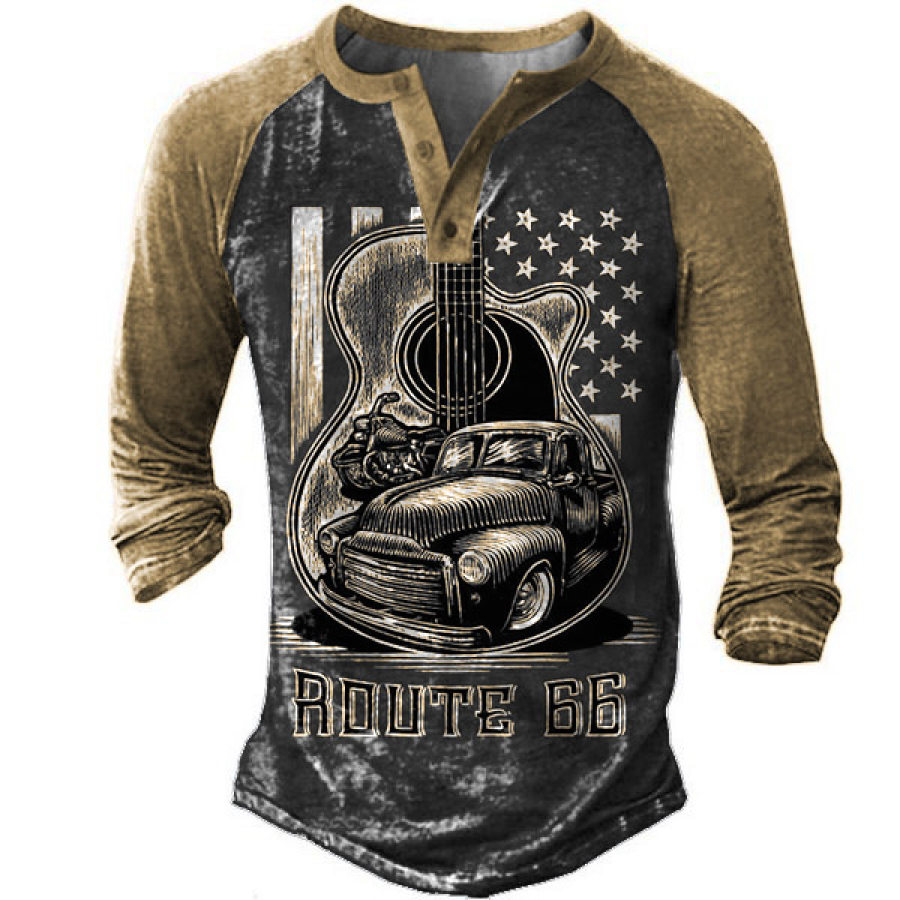 

Men's Vintage Route 66 Guitar Colorblock Henley T-Shirt