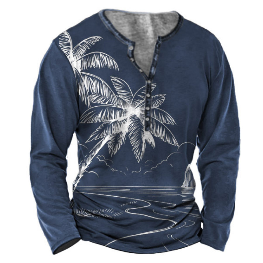 

Men's Hawaiian Coconut Tree Print Henley T-Shirt