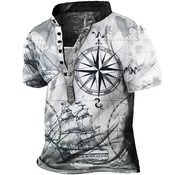 Men's Vintage Nautical Map Print Henley Short Sleeve T-Shirt - Blaroken.com 