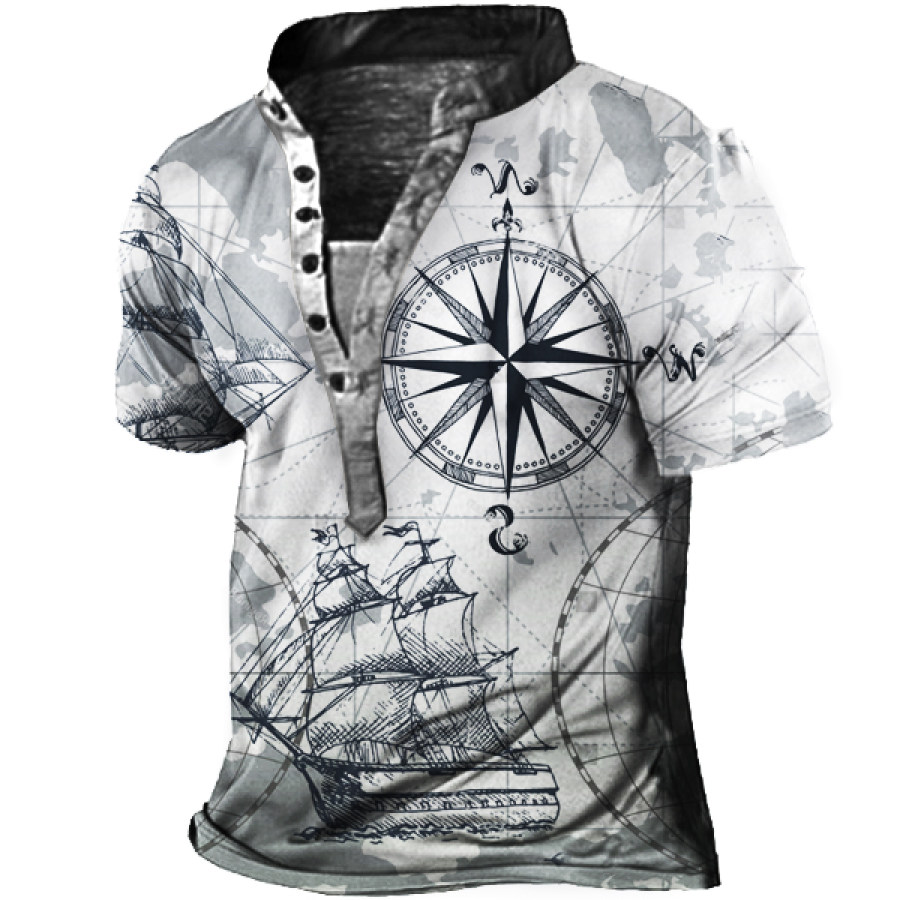 

Plus Size Men's Vintage Nautical Map Print Henley Short Sleeve T-Shirt
