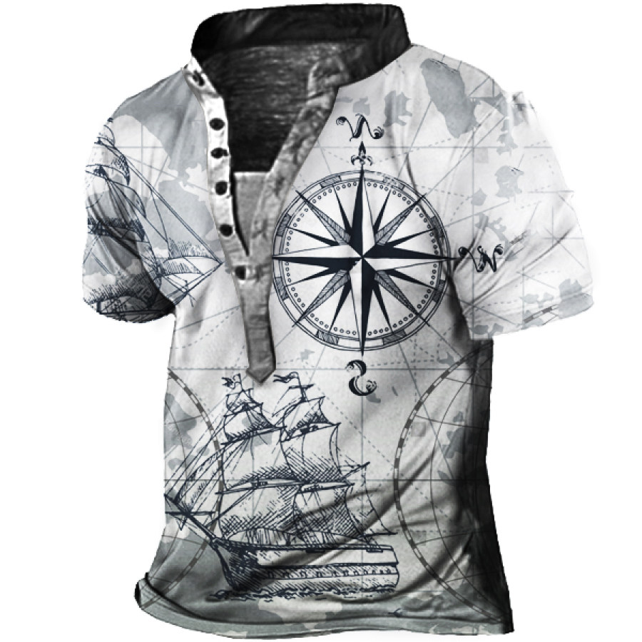 

T-shirt A Maniche Corte Henley Con Stampa Di Mappe Nautiche Vintage Da Uomo Taglie Forti