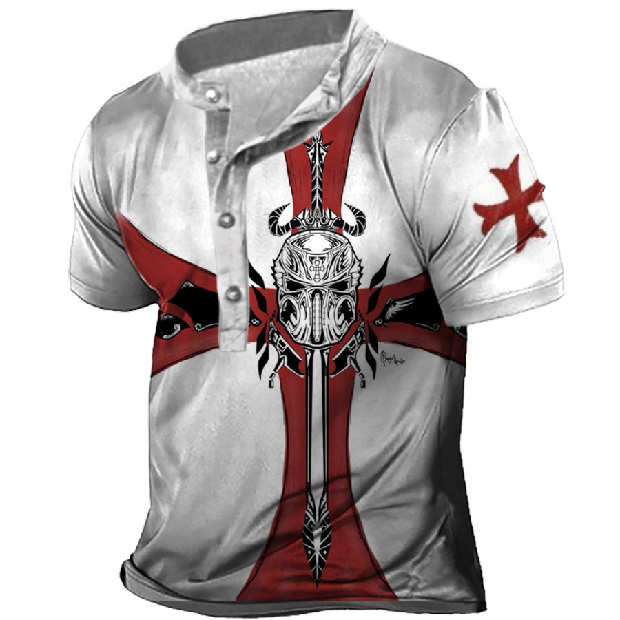 

Men's Vintage Templar Cross Print Henley Collar T-Shirt