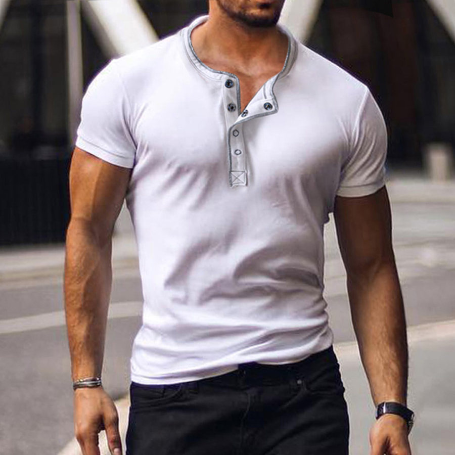

Camiseta Masculina Casual Respirável Vintage Gola Henley Algodão Manga Curta