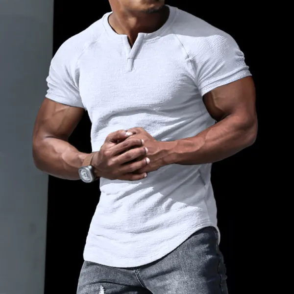 Men's Casual Slim Short-sleeved T-shirt Sports Fitness Running V-neck Top - Menilyshop.com 