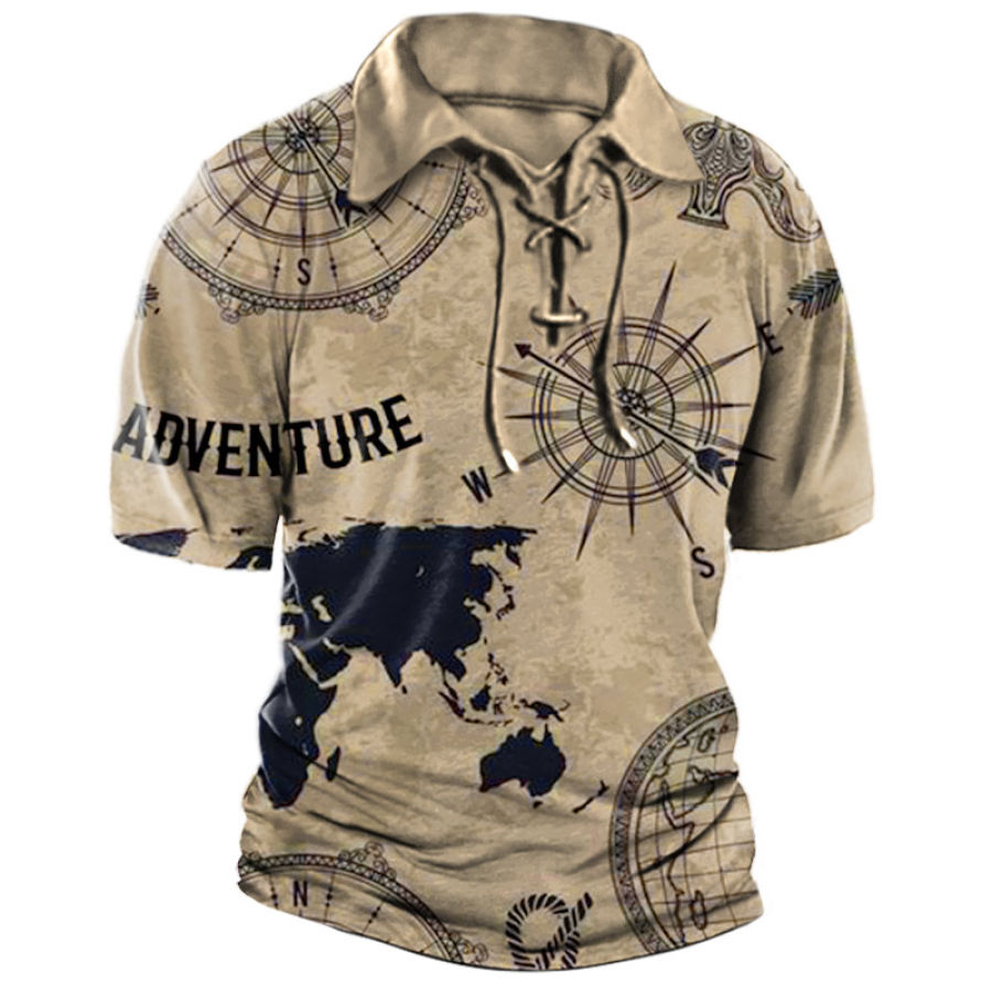 

Men's Outdoor Vintage Compass Map Print Lace-Up T-Shirt